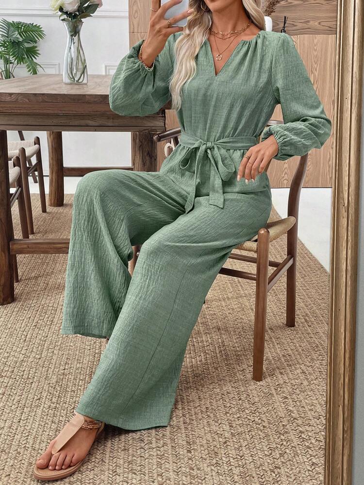 Women's Solid Color V-Neck Lantern Sleeve Casual Wide-Leg Jumpsuit, Green Jumpsuit, Women's Long-Sleeved Jumpsuit, Linen Jumpsuit, Women's Jumpsuit, Autumn Women's Clothing, Retro Style Women's Jumpsuit, Women's Jumpsuit, Women's Overalls, Women's Jumpsuit, Elegant Women's Jumpsuit.