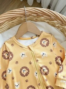 Newborn Baby Boy Cute Cartoon Lion Graphic Round Neck Long Sleeve Zipper Front Soft & Breathable Romper - Yellow - View 5