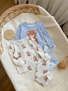 4 bộ đồ ngủ tay dài vừa vặn in họa tiết gấu & sọc dễ thương & quần dài mềm mại & thoải mái cho bé trai - Màu be - Xem 4