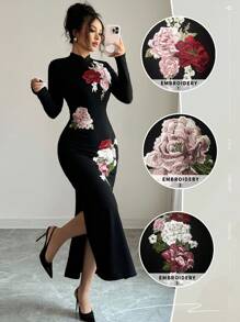 Elenzga 女士黑色立领修身旗袍连衣裙，优雅刺绣高端旗袍 - 彩色 - 查看 2