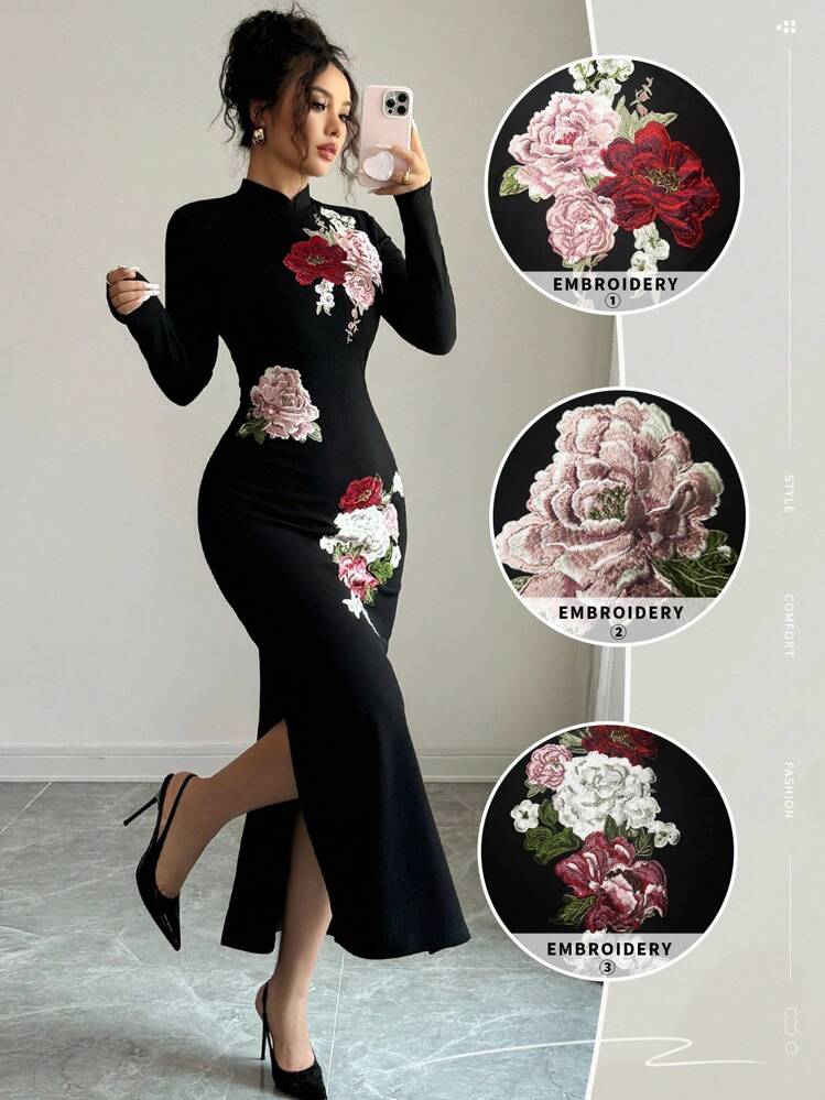 Elenzga 女士黑色立领修身旗袍连衣裙，优雅刺绣高端旗袍 - 彩色 - 查看 2