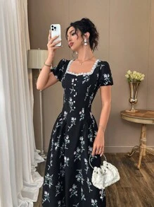 Modelyn 女士优雅花卉印花长裙，夏季 - 黑色 - 查看 4