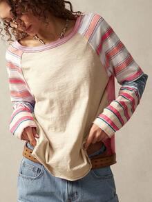 Bohemela 女式休闲条纹插肩长袖针织圆领T恤 - 彩色 - 查看 5