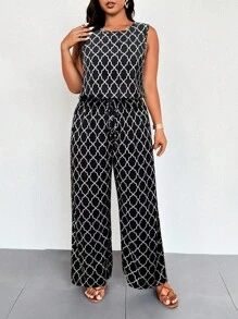 EMERY ROSE Plus Size Geometric Print Sleeveless Elastic Waist Casual Jumpsuit - Black and White - View 3