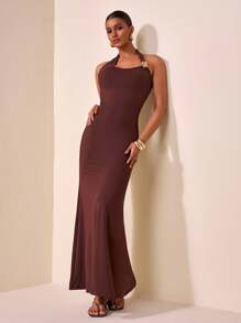 Zivah Women's Dark Brown Chic Summer Maxi Dress,Halter Neck Backless Bodycon Fishtail Hem Long Dress For Date Night,Front Metal Buckle Decor Ruched - Brown - View 5