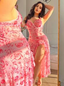 SHEIN 2件套女士性感玫瑰印花高开衩睡袍套装