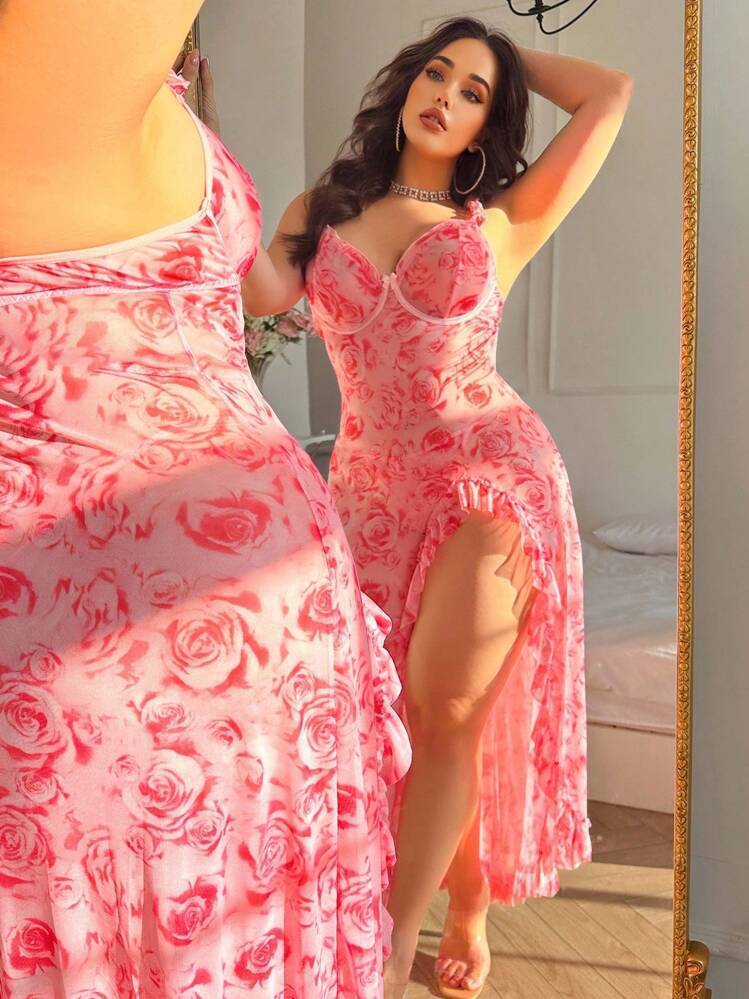 SHEIN 2 pièces Ensemble de nuisette fendue sexy à imprimé rose pour femmes - Rose bonbon - Voir 1
