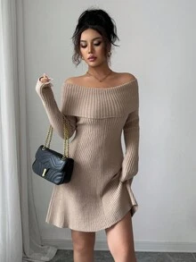 Elenzga Sexy Off-Shoulder Strickkleid mit Langarm, zierliches, elegantes A-Linien Bodycon-Kleid, das das Alter reduziert, für Herbst/Winter - Khaki - Übersicht 5