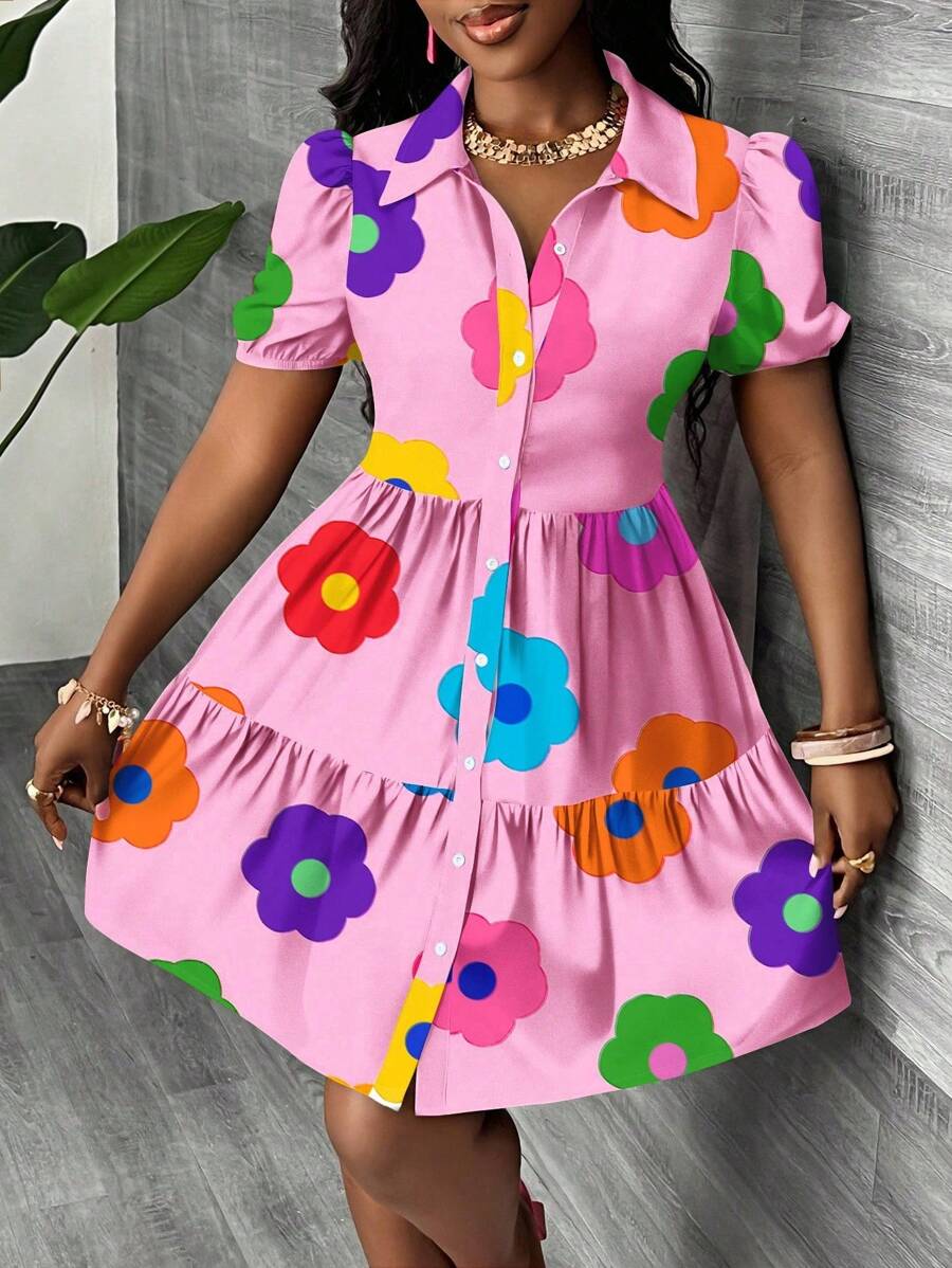 Slaydiva Casual Minimalist Women Mini Dress, Suitable For Summer & Vacation, Colorful Floral Print, Boho Suitable For Going Out Chic Dress - Pink - View 1