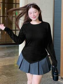 Dazy Plus 大码女式黑色纯色圆领弹力裹身长袖不对称下摆 T 恤上衣 - 黑色 - 查看 5