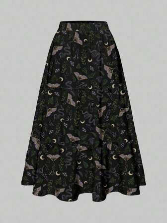 Goth Romantic Gothic Floral, Moth, Snake, Plant, Moon Allover Print Multi-Layer Purple & Green Women's Skirt