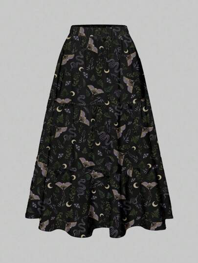 Goth Falda de mujer de varios niveles con estampado todo sobre romántico gótico de flores, polillas, serpientes, plantas y lunas en morado y verde, ideal para Halloween