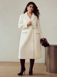 MOTF PREMIUM 大码羊毛时尚金属扣装饰翻领腰部收紧中长款混纺外套，秋冬 - 白色 - 查看 5