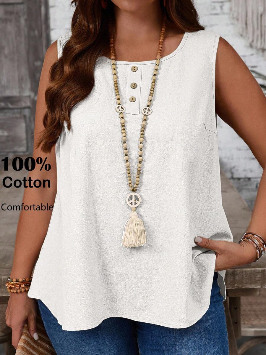 EMERY ROSE Plus Size Women's Casual Khaki Sleeveless Top With Button Decor, Round Neck - White - View 1