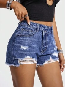 SHEIN ICON 休闲时尚百搭性感修身纽扣前开襟女式牛仔短裤 - 深色水洗藍 - 查看 6