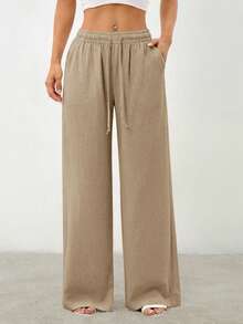 SHEIN PETITE 女士纯色抽绳腰口袋阔腿宽松休闲裤 - 卡其色 - 查看 7