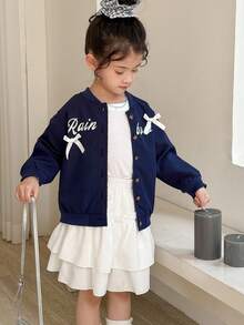 SHEIN 年轻女孩休闲字母蝴蝶结图案前拉链棒球夹克 - 藍白色 - 查看 3