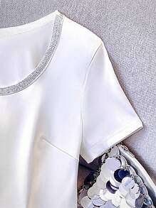 SHEIN Women's Rhinestone Decor Round Neck Casual Versatile Short Sleeve T-Shirt, Summer - White - View 5