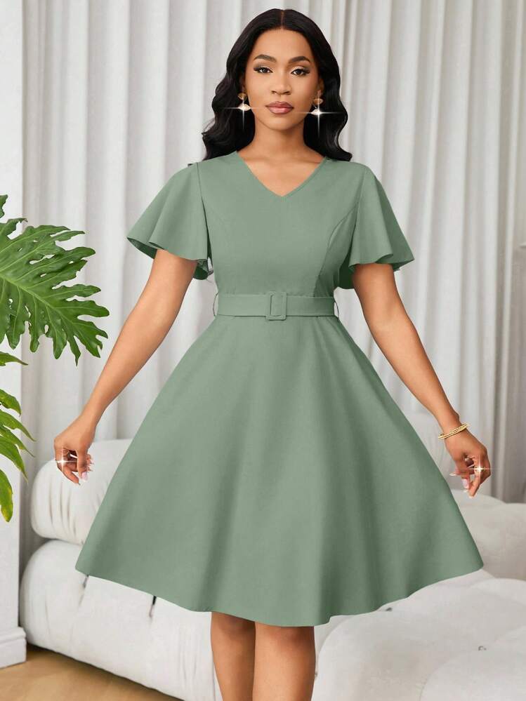 SHEIN Ladiora Vestido mini elegante de manga corta con volantes en el bajo y corte evasé de un solo color para mujer - verde menta - Añade 3