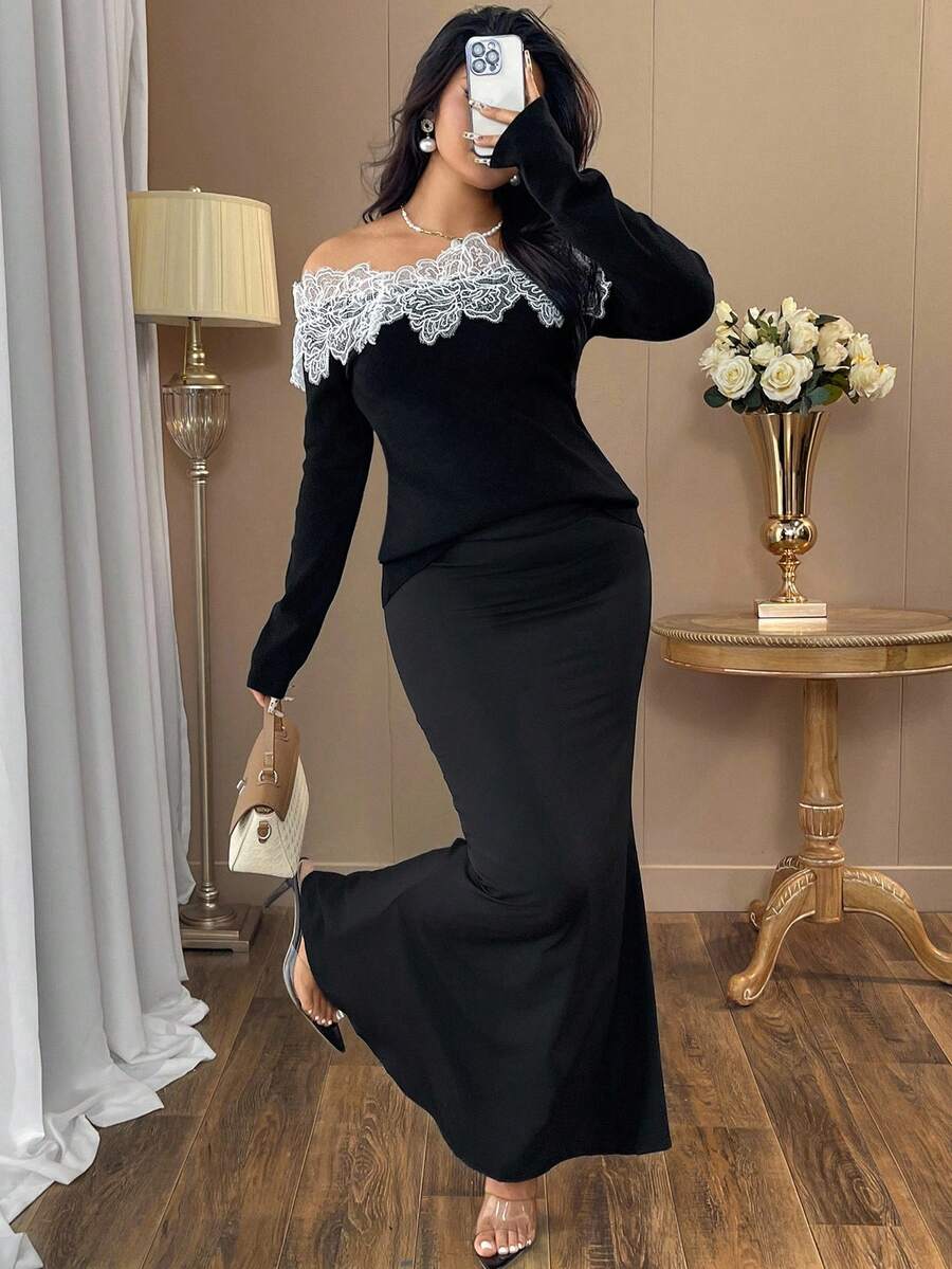 SHEIN Clasi Pull ajusté à épaules dénudées avec patchwork en dentelle et blocs de couleurs, grande taille - Noir - Voir 1