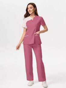 TaskEZ Conjunto de uniforme de pijama médico con cuello en contraste, bolsillo y manga corta - Rosa Oxidada - Ver 5