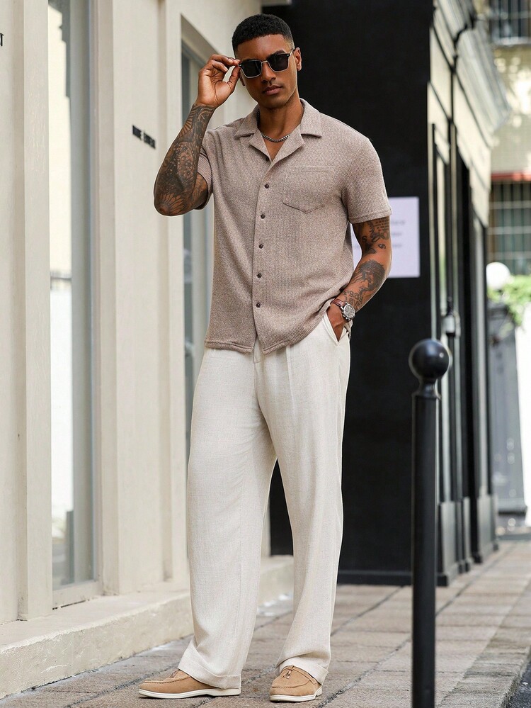 Manfinity Homme Kemeja Lengan Pendek Polos Kasual Pria, Musim Panas - Coffee Brown - View 3