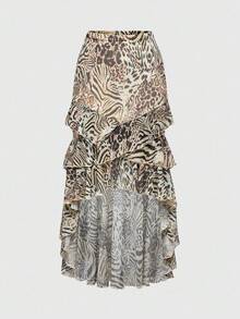 ROMWE Women's Retro Hippie Chic Music Festival Low Waist Ruffle Hem Leopard Print Chiffon Low Waist Mermaid Skirt - Multicolor - View 1