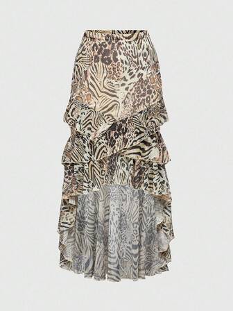 Gonna a sirena in chiffon a vita bassa con stampa leopardata e volant, stile retrò hippie alla moda per festival musicali