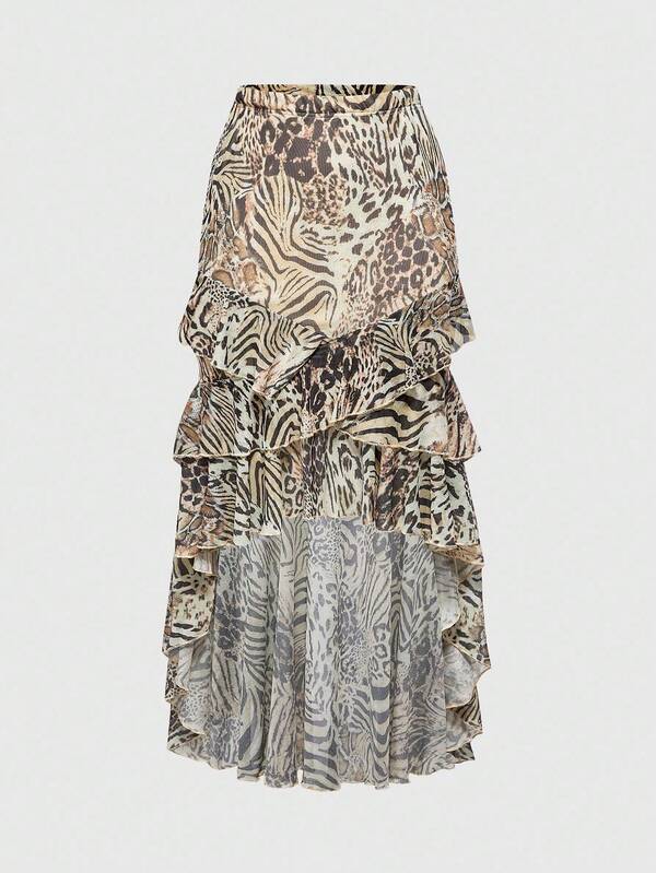 ROMWE Women's Retro Hippie Chic Music Festival Low Waist Ruffle Hem Leopard Print Chiffon Low Waist Mermaid Skirt