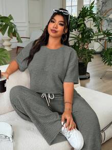 Solflare 2 pièces/set Femmes grande taille Top décontracté à manches courtes et épaules tombantes & Pantalon, Gris foncé - Gris foncé - Voir 2