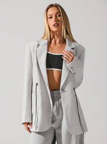 Menodora SHEIN Sport 女式休闲单纽扣翻领长袖休闲外套，秋冬轻便户外 - 淺灰色 - 查看 5