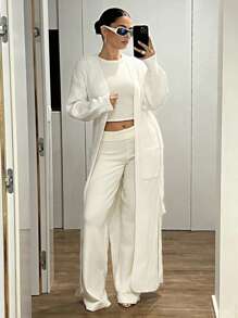 SHEIN ICON Cardigan casual de cor sólida, comprimento longo, bainha aberta e cinto, outono/inverno - Branco - Ver 3
