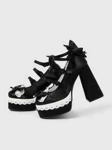 ROMWE Kawaii 女式黑色高跟玛丽珍鞋，带绑带，防水台，洛丽塔哥特式蝴蝶结甜美 JK 风格浅口鞋 - 黑色 - 查看 5