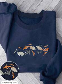 Women's Round Neck Drop Shoulder Long Sleeve Koi Fish Colorblock Embroidered Sweatshirt Pullover Fall - Navy Blue - View 1
