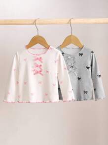 SHEIN Baby Girls' Fashion Bow Print Long Sleeve Ruffled Top, Spring & Autumn - Multicolor - View 5