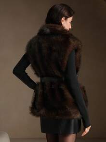 Anewsta 人造毛皮背心配皮带毛绒缺口翻领舒适冬季外套秋季、冬季、外出、优雅、别致、正式、圣诞节、婚礼、优雅派对 - 棕色 - 查看 6