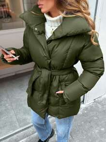 EURMUSE Palton căptușit cu curea, de culoare uni, pentru iarnă și toamnă