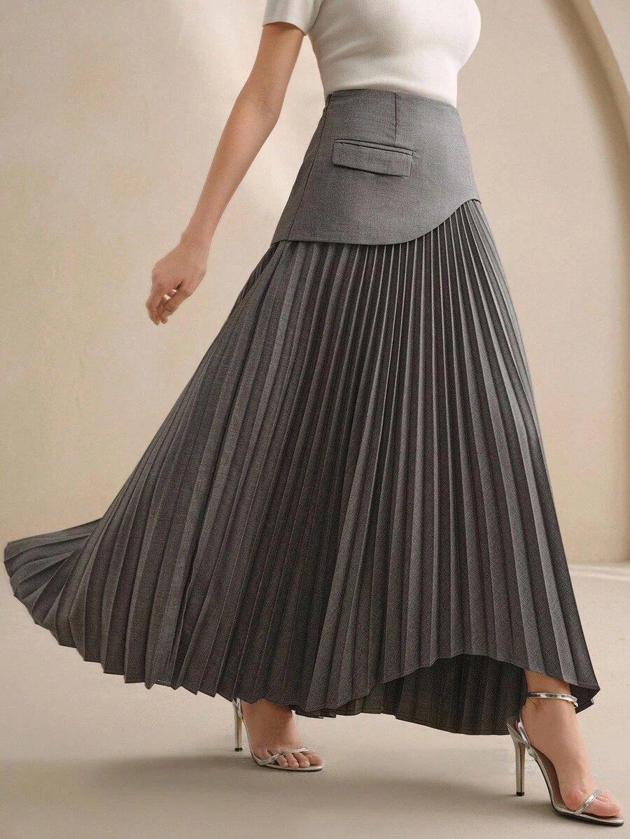 Anewsta 优雅女士百褶设计百搭半身裙 - 灰色 - 查看 1