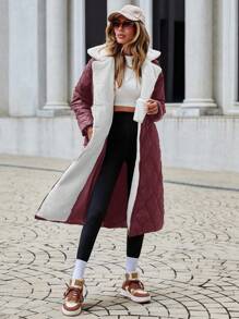 SHEIN Cottnline Women's Solid Color Long Padded Coat With Fleece Lining And Turn Down Collar - Violet Purple - View 1
