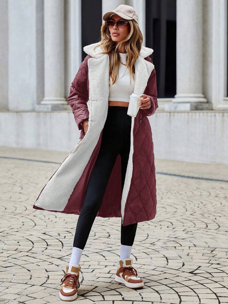 SHEIN Cottnline Women's Solid Color Long Padded Coat With Fleece Lining And Turn Down Collar - Violet Purple - View 1