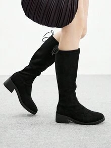 CUCCOO BIZCHIC 女士圆头厚底黑色绒面革过膝长靴，松紧带系带高筒靴，适合日常穿着和通勤 - 黑色 - 查看 9