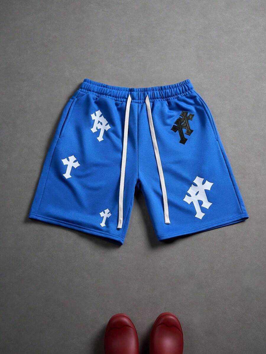 PAVTROS Manfinity Streetrush Men's Casual Cross Print Shorts, Summer - Blue - View 1