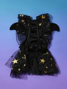 PETSIN 1pc Pet Halloween Costume Dress Black Star Mesh Lace With 3D Bat Wings, Leash Attached - Multicolor - View 3