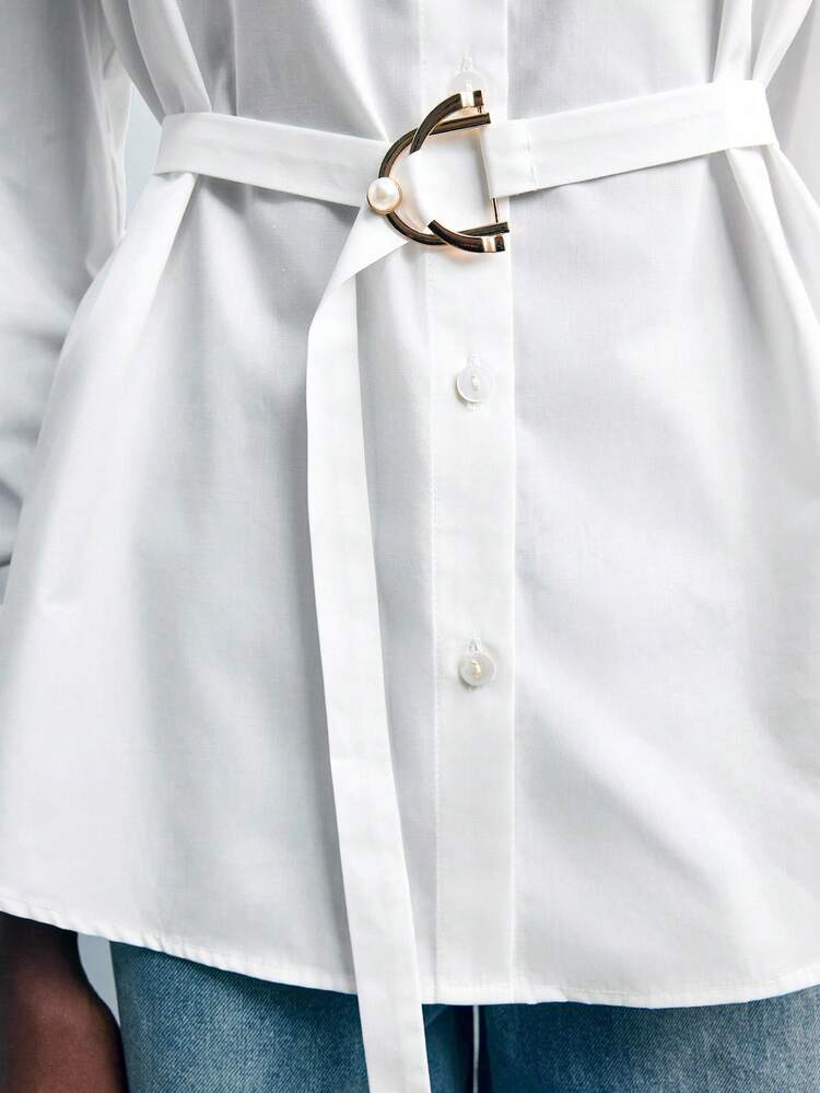 SHEIN Maija Women's Waist Cinching Design Versatile Modern Urban Fashionista Essential Comfortable Shirt Collar Dropped Shoulder Long Sleeve Loose Waist Belt Design Chest Pocket Accent Business Casual Office Wear Low-Key Vintage Vibe High-End Aesthetic Urban Commuter Editor's Pick Social Event Resort Party Charming Women's Shirt Modern Urban Casual Fashion Business Casual Women's Office Wear Low-Key Old Money Style Effortless Temperament High-End Urban Commuting Fall Women Clothes Street Style, Sophisticate