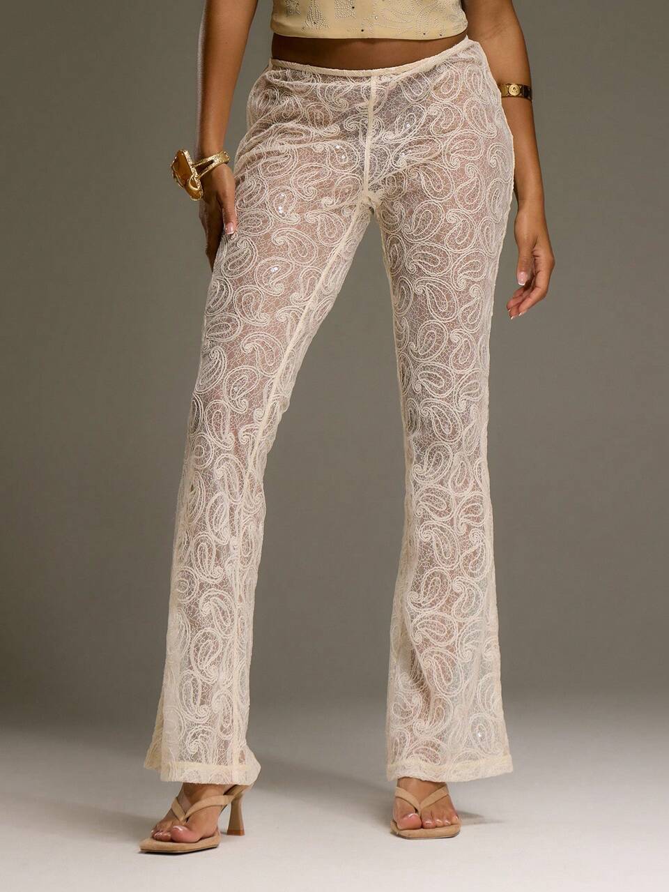 Pantalon évasé en dentelle pailletée, style western, automne, tenue de rue sexy, club, anniversaire, mignon, festival, Y2K, bohème, Midwest, automne, été, décontracté