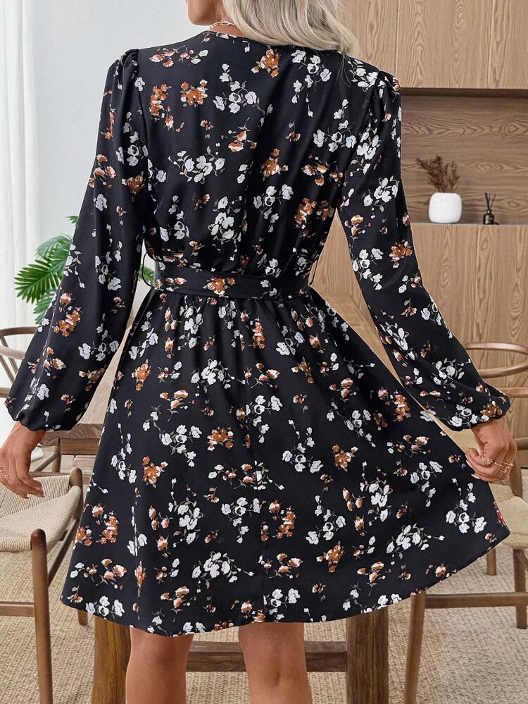 Women's Floral Print Overlap V-Neck Lantern Sleeve Fashionable Mini Dress Long Sleeve Floral Dress Elegant Floral Dress