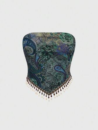Hippie Summer Hippie Retro Western Cowgirl Music Festival Transparent Wooden Bead Tassel Hem Paisley Print Bohemian Tube Top For Women