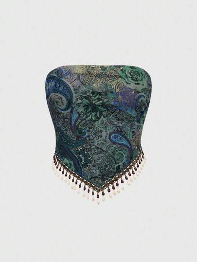 Sommer Hippie Retro Western Cowgirl Musik Festival transparentes Holzperlen Quasten Saum Paisley Muster Boho Bandeau Top für Frauen