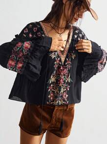 Bohemela Vacation Casual Embroidered V-Neck Blouse For Women - Black - View 2