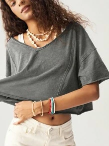 Bohemela Women's Casual Solid Color V-Neck Short Sleeve Loose T-Shirt Grey Crop Top Oversized Crop Top Baggy Crop Top Oversized Cropped T Shirt